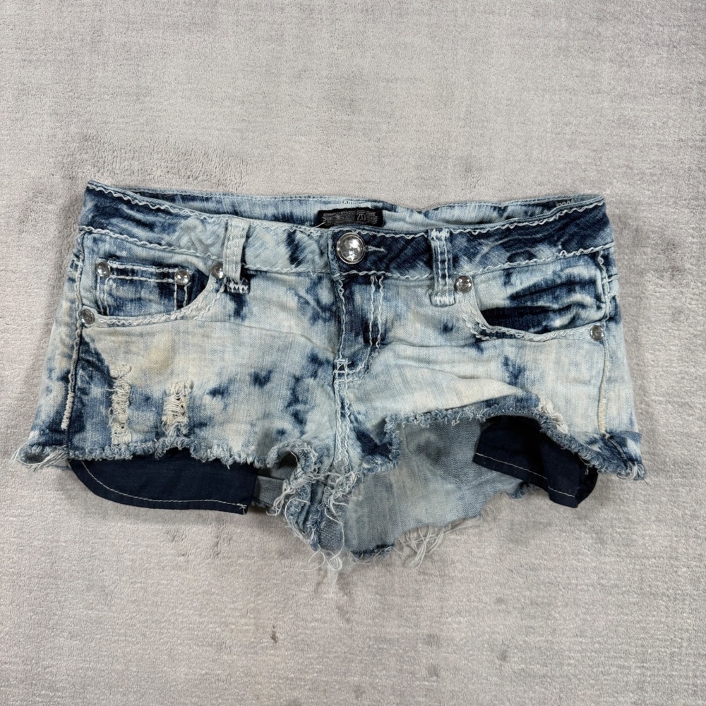ZD Premium Denim Shorts Womens 11 Blue Acid Wash Distressed Rhinestone Y2K Edgy